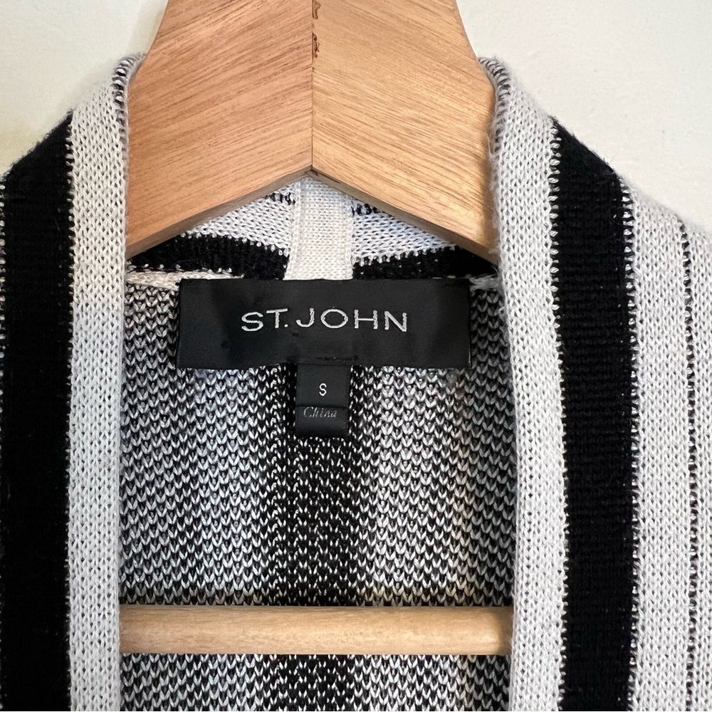 St. John Wool Cashmere Blend Open Front Cardigan Sweater Black White Stripe Sz S - Picture 4 of 10